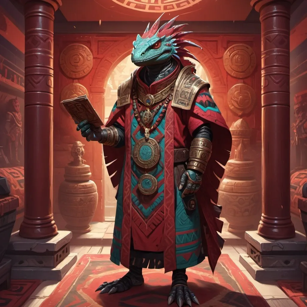 Prompt: a scarlet lizardman nobleman in Aztec robes with ornate scroll with sealing wax in his hand, standing in front of a Aztec interior, Dr. Atl, vanitas, league of legends splash art, cyberpunk art