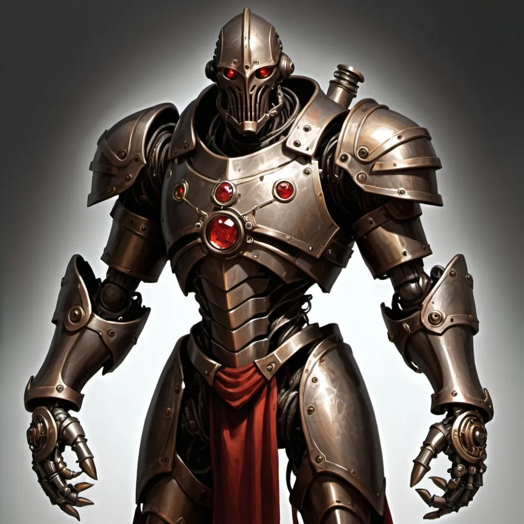 Prompt: a warforged or a robot with cords resembling tree roots reinforced with alchemical fluids serve as muscles that are contained within a bronze frame, the bronze frame resembles the armor of a knight, warforged have beautiful face without a mouth with a hinged jaw and crystalline eyes built under the brow ridges and there is a red spot or mark on the robot's forehead, full-length, neutral dark background, Brom, steampunk