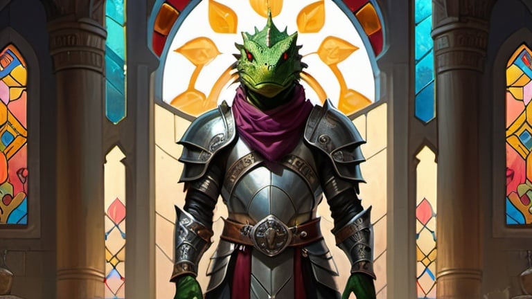 Prompt: A lizardman cleric dressed in oriental metal heavy armor and a silk scarf, standing against the background of a Byzantine temple interior with colored stained glass windows and curtains nd pools, Art of Brom, fantasy art, epic fantasy character art, concept art