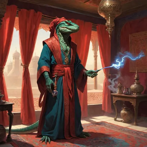Prompt: a dark lizardman sorcerer in Persian robes with a blowing in the wind ribbon on his shoulder and a scarlet magic lightning in his hand, standing in front of a Persian interior with hookah and satin curtains, Art of Brom, fantasy art, epic fantasy character art