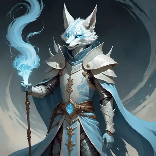 Prompt: A slender humanoid kitsune in the stylish armor of a sorcerer creates a funnel of magical pale blue wind, Art of Brom, fantasy art, epic fantasy character art, concept art