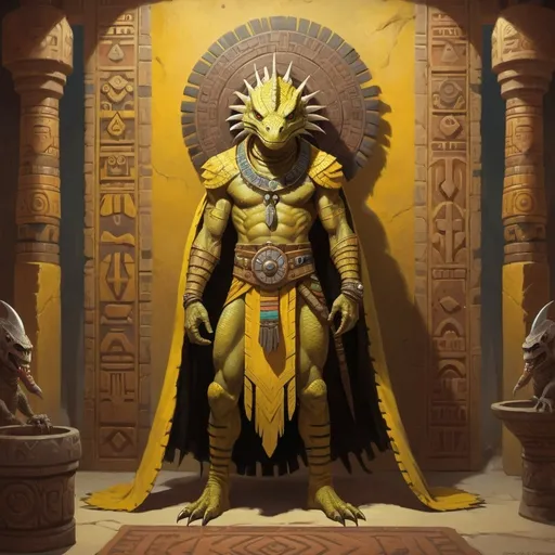 Prompt: a yellow lizardman warrior in Aztec robes, standing in front of a Aztec interior, Art of Brom, fantasy art, epic fantasy character art, concept art