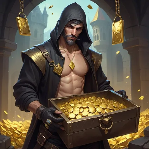 Prompt: a bare-chested man without mustache and beard dressed like an medieval thief looking at a bag of gold, Dr. Atl, vanitas, league of legends splash art, cyberpunk art