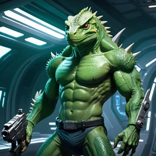Prompt: A muscular green lizardman, armed with a syringe pistol, dressed in a crop top, stands against the backdrop of a futuristic spaceship.