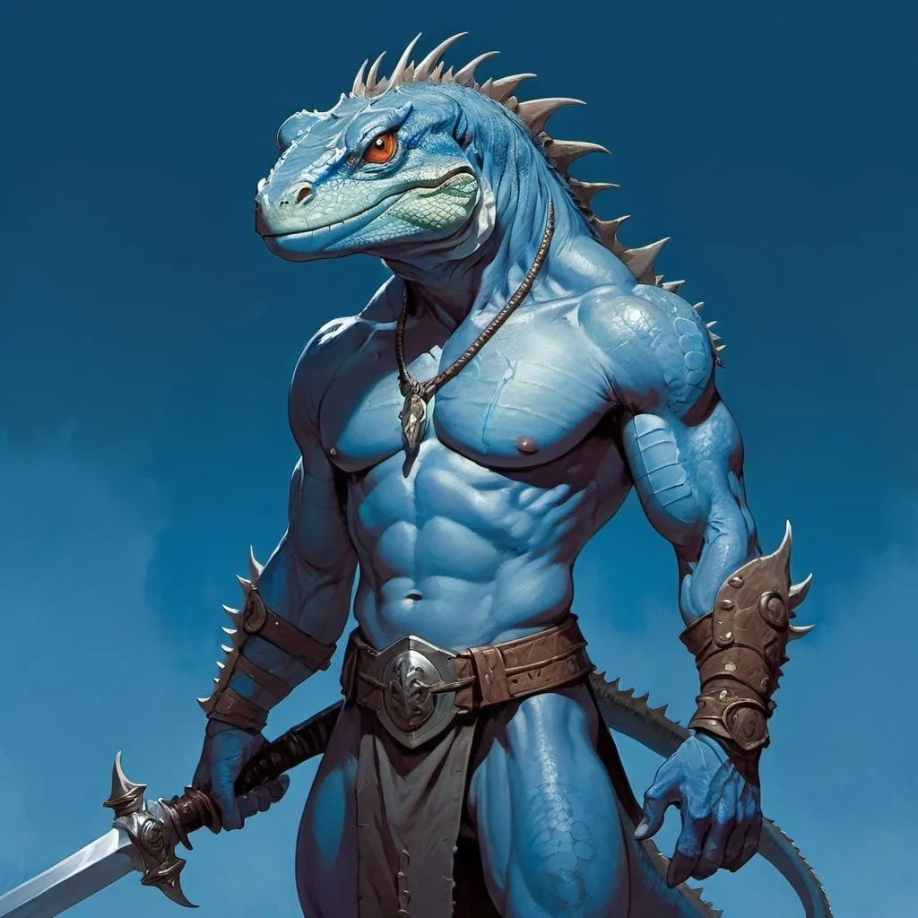 Prompt: a blue lizardman with a bare chest and sword and a bag on his shoulder and a sword in his hand, standing in front of a blue background, Art of Brom, fantasy art, epic fantasy character art