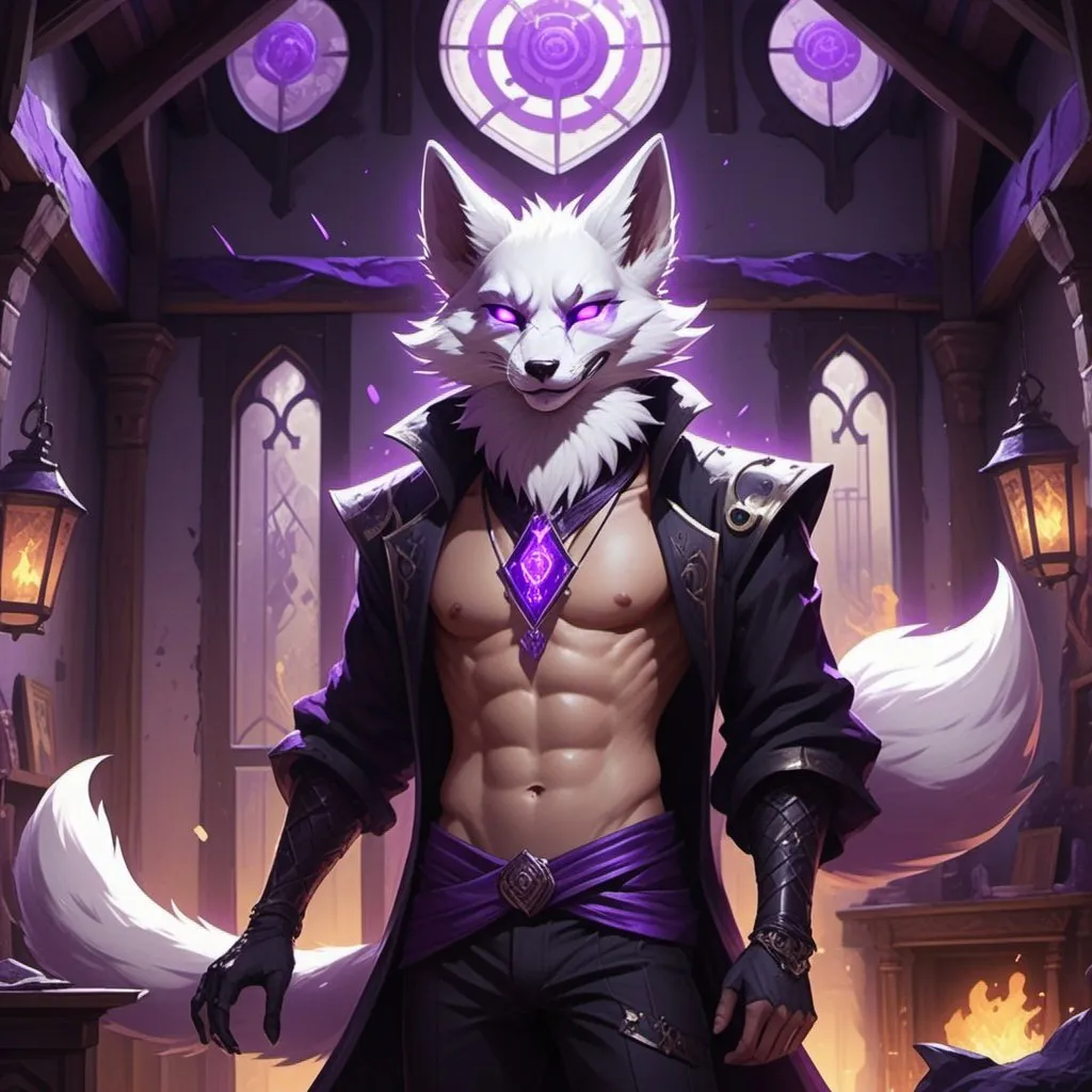 Prompt: male kitsune with furry body like a furry in a bare-chested revealing black outfit in front of the interior of an medieval aristocrat's house creates rays of purple energy, Dr. Atl, vanitas, league of legends splash art, cyberpunk art