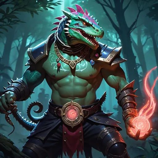 Prompt: a bare-chested lizardman shaman dressed like a medieval savage draws a magic seal in front of night forest, Dr. Atl, vanitas, league of legends splash art, cyberpunk art