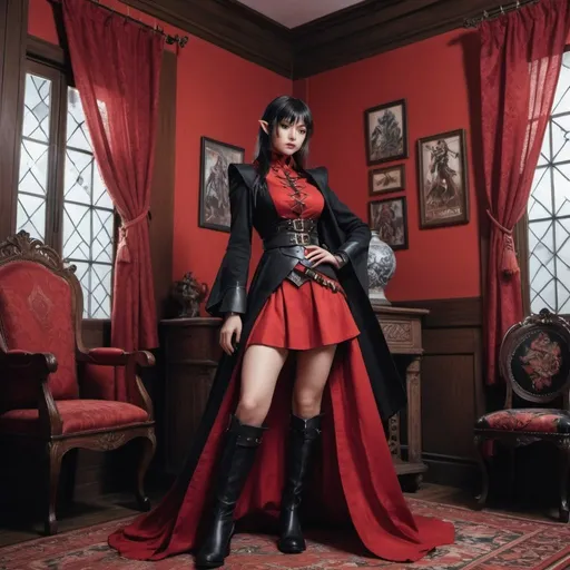 Prompt: a woman elf witch from Dungeons and Dragons in a red and black dress and a black coat and boots is posing for a picture in a room, Ayami Kojima, arabesque, vogue, a poster