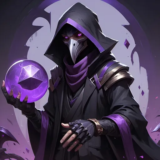 Prompt: a kenku in a black outfit holding a purple object in his hand and a purple object in his other hand, Dr. Atl, vanitas, league of legends splash art, cyberpunk art