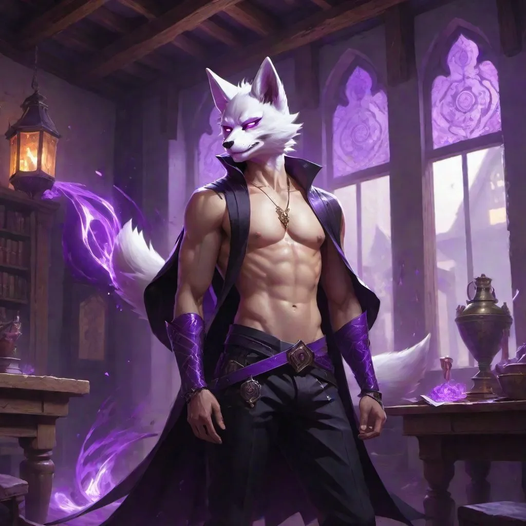 Prompt: male kitsune in a bare-chested revealing black outfit in front of the interior of an medieval aristocrat's house creates rays of purple energy, Dr. Atl, vanitas, league of legends splash art, cyberpunk art
