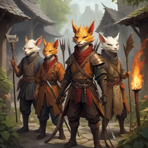 Prompt: a group of dragonborns, kitsune, tabaxi and humans peasants with pitchforks, torches and other garden tools in tattered clothes, Chris Rahn, fantasy art, epic fantasy character art, a character portrait
