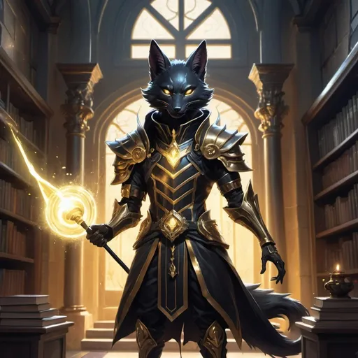 Prompt: A slender humanoid black kitsune in the stylish armor of a sorcerer with a metal rod in his hands creates a funnel of magical golden rays in front of interior of a stone mansion with a library in the midnight, Dr. Atl, vanitas, league of legends splash art, cyberpunk art