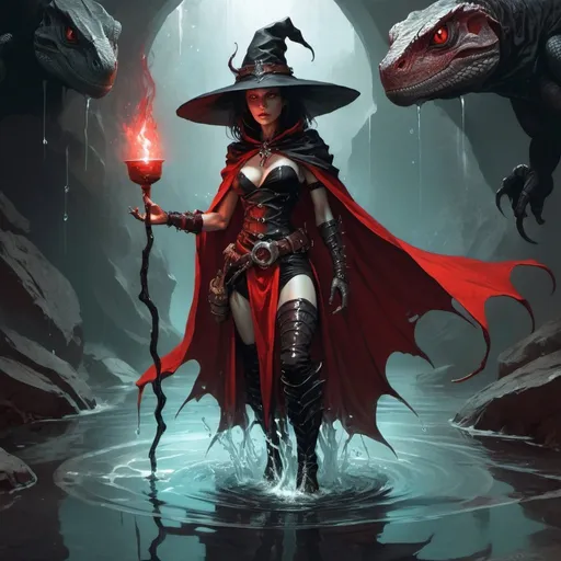 Prompt: a humanoid lizard woman witch from Dungeons and Dragons in a red and black mantle and boots causes a magic water, Aleksi Briclot, gothic art, deviantart artstation, a fine art painting