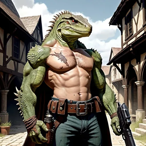 Prompt: a bare chested lizardman with scars on his chest holding a hand cannon in his hand, with antique pistols on his belt, standing in front of medieval buildings, Adam Rex, furry art, epic fantasy character art, concept art