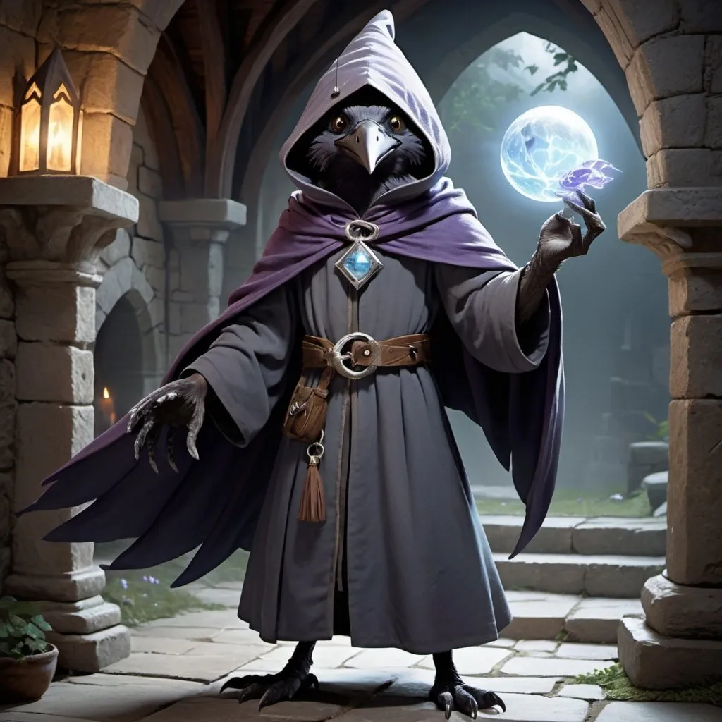 Prompt: The young witch Kenku from Dungeons and Dragons. He casts a magic spell, lilac streams of magical energy burst out of his paws, and magical seals appear. He is thin, he has gray plumage, and his facial features are refined, his face looks like a crow. Kenku is excited and smiles playfully. He wears a hood, a long dark gray cloak, and the front of the cloak is fastened with a silver chain near his collarbones. A silver brooch with a pale blue gem is attached to the robe on the left chest. In the background, the interior of a stone medieval building. Lighting like an eclipse. High detailed.