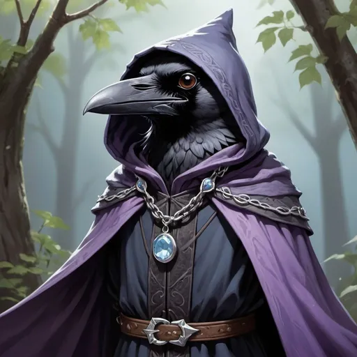 Prompt: The furry sorcerer Kenku the Crow from the D&D game casts a spell, lilac streams of magical energy burst out of his paws, and magical seals appear. It has gray plumage and bright lilac eyes, and its face looks like a crow. He wears a hood, a long dark gray cloak, the front of the cloak is fastened with a silver chain near his collarbones, and on his left chest is a silver brooch with a pale blue gem. He is excited and smiles playfully. Very detailed.