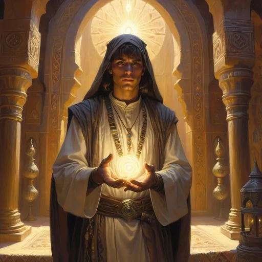 Prompt: a young man-priest dressed as a Bedouin with glowing eyes with rays of light in his hands in front of richly decorated wizard’s chambers during the day, Donato Giancola, fantasy art, epic fantasy character art, concept art