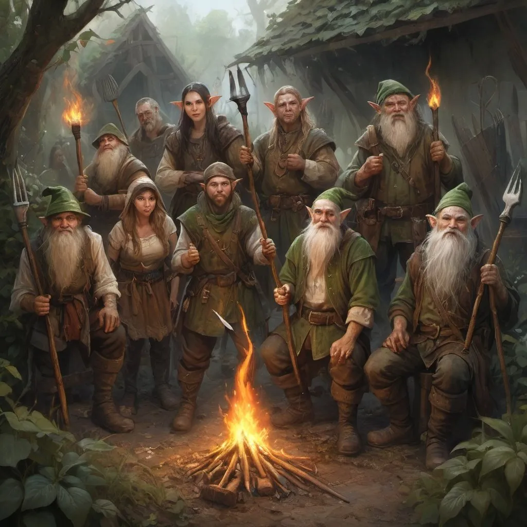 Prompt: a group of elves, gnomes and humans peasant people with pitchforks, torches and other garden tools in tattered clothes, Chris Rahn, fantasy art, epic fantasy character art, a character portrait