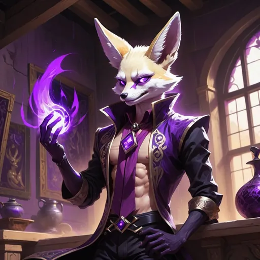Prompt: male kitsune-fennec in a bare-chested revealing black outfit with purple energy covering his hand in front of the interior of an medieval aristocrat's house creates rays of purple energy, Dr. Atl, vanitas, league of legends splash art, cyberpunk art