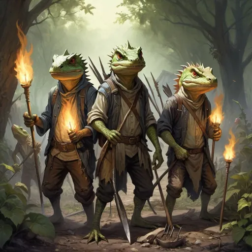 Prompt: a group of lizardfolks peasants with pitchforks, torches and other garden tools in tattered clothes, Chris Rahn, fantasy art, epic fantasy character art, a character portrait