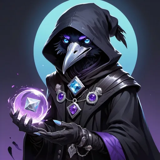 Prompt: a young friendly kenku-crow, upper part of the muzzle is white, blue eyes, in a black outfit with a silver brooch with a pale blue gem holding a purple object in his hand and a purple magical vortex in his other hand, midnight, Dr. Atl, vanitas, league of legends splash art, cyberpunk art