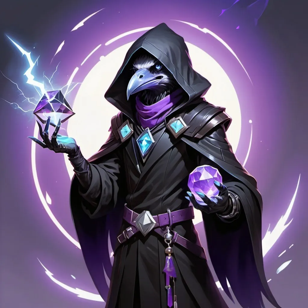 Prompt: a young friendly kenku crow in a black outfit with a silver brooch with a pale blue gem holding a purple object in his hand and a purple magical lightning in his other hand, Dr. Atl, vanitas, league of legends splash art, cyberpunk art