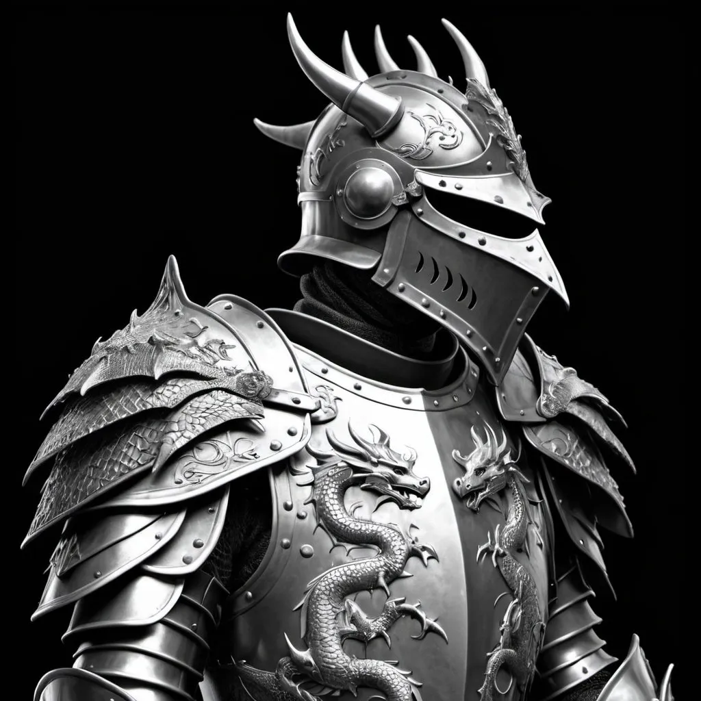 Prompt: a black and white photo of a knight armor with dragon decorations on it's chest and shoulders, with a black background, Andries Stock, photorealism, armor, an ambient occlusion render