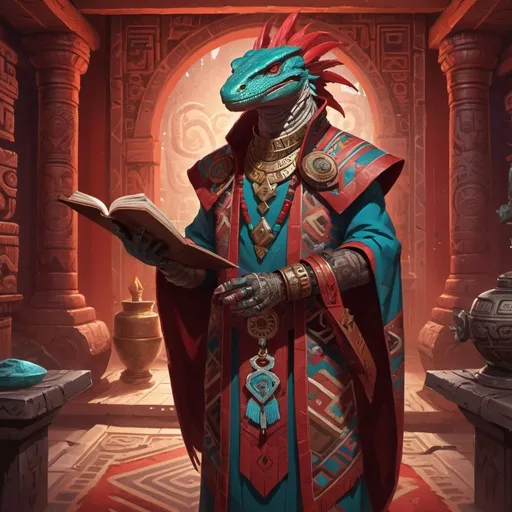 Prompt: a scarlet lizardman nobleman in Aztec robes with ornate scroll with sealing wax in his hand, standing in front of a Aztec interior, Dr. Atl, vanitas, league of legends splash art, cyberpunk art