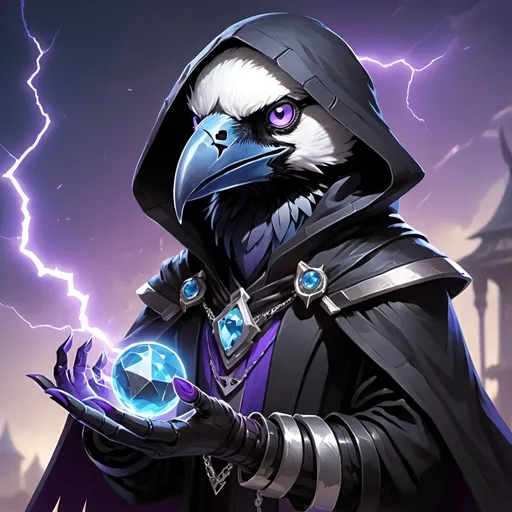 Prompt: a young friendly kenku crow upper part of the muzzle is white blue eyes in a black outfit with a silver brooch with a pale blue gem holding a purple object in his hand and a purple magical lightning in his other hand, Dr. Atl, vanitas, league of legends splash art, cyberpunk art