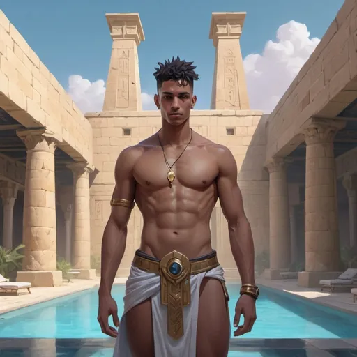 Prompt: a Egyptian bare-chested young man-priest with a short loincloth in front of stone hall with swimming pool, Dr. Atl, vanitas, league of legends splash art, cyberpunk art