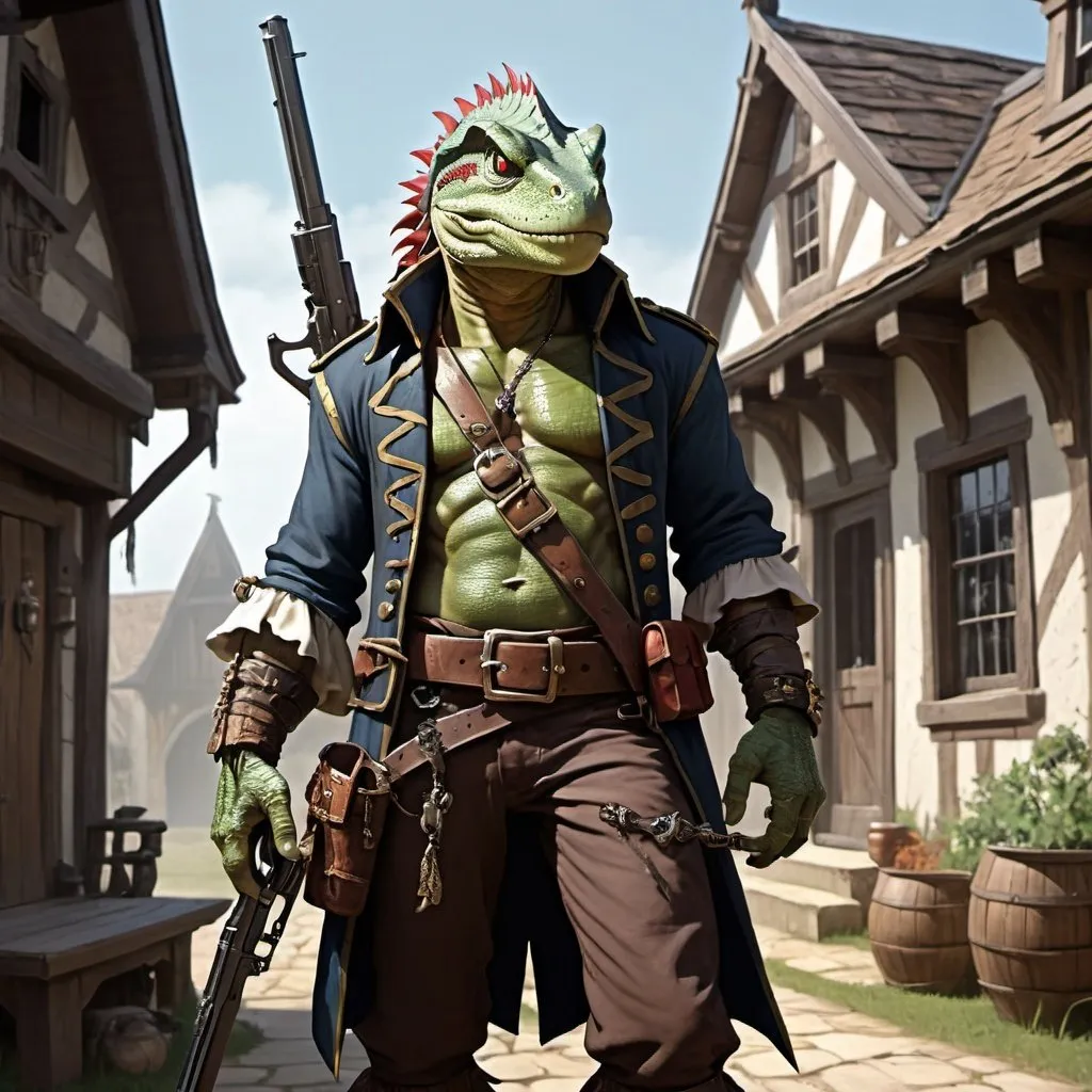 Prompt: a bare chested lizardman dressed like a pirate holding a hand cannon in his hand, with antique pistols on his belt, standing in front of medieval house, Adam Rex, furry art, epic fantasy character art, concept art