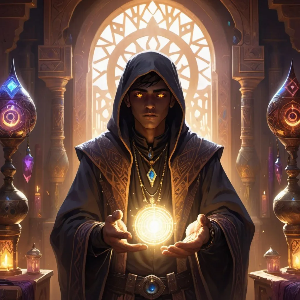 Prompt: a young man-priest dressed as a Bedouin with glowing eyes with rays of light in his hands in front of richly decorated wizard’s chambers during the day, Dr. Atl, vanitas, league of legends splash art, cyberpunk art