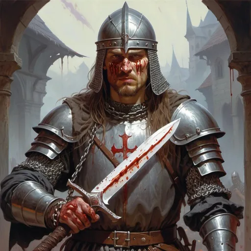 Prompt: a man dressed like an slavic knight with a saber and a helmet and chain mail shirt on from Transylvania holding a knife in his hand and a bloody face, Donato Giancola, fantasy art, epic fantasy character art, concept art