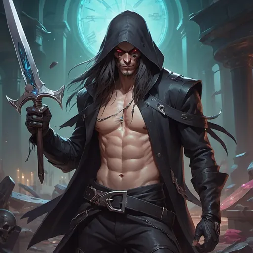 Prompt: a bare-chested man with a long hair without mustache dressed like an thief on holding a scimitar in his hand, Dr. Atl, vanitas, league of legends splash art, cyberpunk art