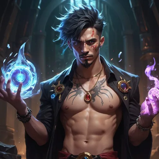 Prompt: a bare-chested man dressed like a savage draws a magic seal, Dr. Atl, vanitas, league of legends splash art, cyberpunk art