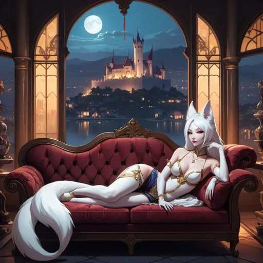 Prompt: A slender humanoid white kitsune dressed as a courtesan lying on a luxurious sofa in front of interior of a fantasy estate with window overlooking the night medieval city with a bay, Dr. Atl, vanitas, league of legends splash art, cyberpunk art