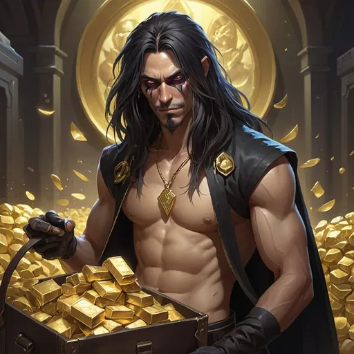 Prompt: a bare-chested man with a long hair without mustache dressed like an thief looking at a bag of gold, Dr. Atl, vanitas, league of legends splash art, cyberpunk art
