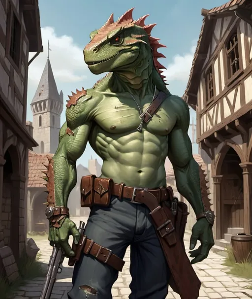 Prompt: a bare chested lizardman with scars on his chest holding a antique hand cannon in his hand, with antique pistols on his belt, standing in front of medieval buildings, Adam Rex, furry art, epic fantasy character art, concept art