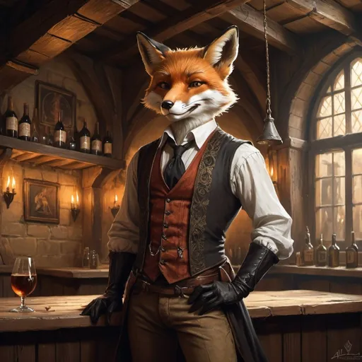 Prompt: anthropomorphic fox in a revealing outfit against the background of the interior of a room in a medieval tavern, Aleksi Briclot, gothic art, deviantart artstation, a fine art painting
