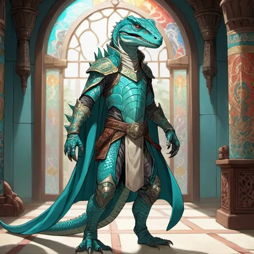 Prompt: A lizardfolk paladin with a khopesh in his right hand, slim athletic build, his muzzle looks like a velociraptor, he smiles reservedly, his scales are pale blue, he mysteriously looks somewhere into the distance. He is dressed in oriental style metal heavy armor. Behind his back is a turquoise cloak. He stands against the background of a fantasy temple interior, colored stained glass windows from which daylight falls, curtains hanging down to the floor. Highly detailed.