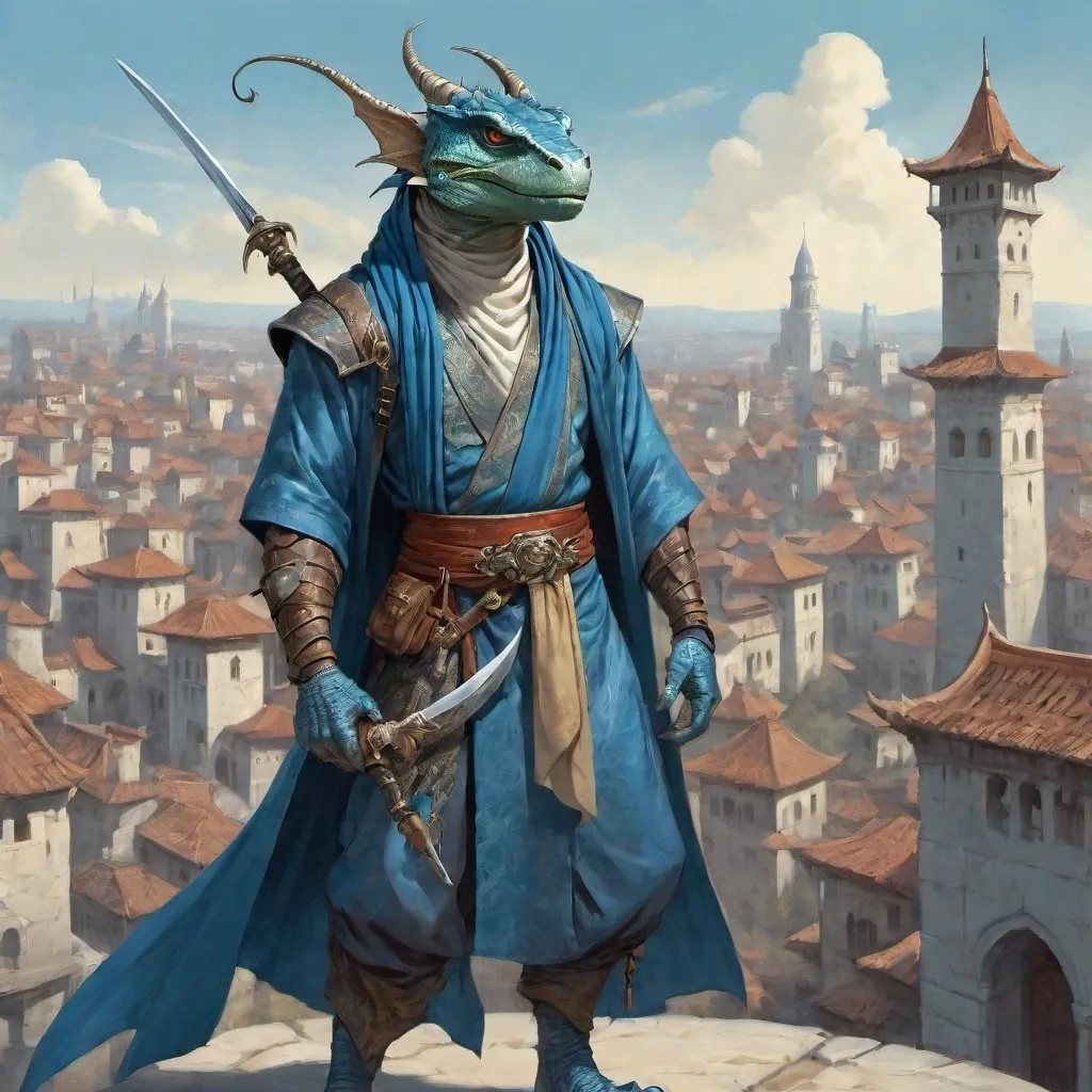 Prompt: a blue bare-chested lizardman wizard  without outerwear and sword and a bag on his shoulder and a scimitar in his hands in oriental attire in satin scarves around the neck with long ears and horns, standing in front of a medieval european fantasy city background, Art of Brom, fantasy art, epic fantasy character art