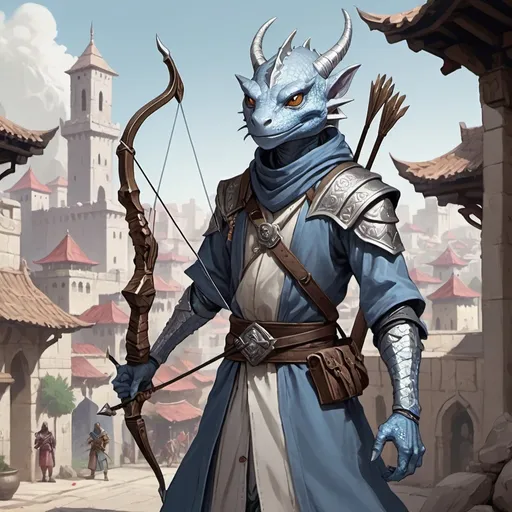 Prompt: a silver lizard-kobold archer from Dungeons and Dragons with a horned head and a bow in his hand wearing pale indigo arabic clothes, holding a bow at the ready in his hand, standing in front of a medieval oriental fantasy city background, Dr. Atl, vanitas, league of legends splash art, cyberpunk art