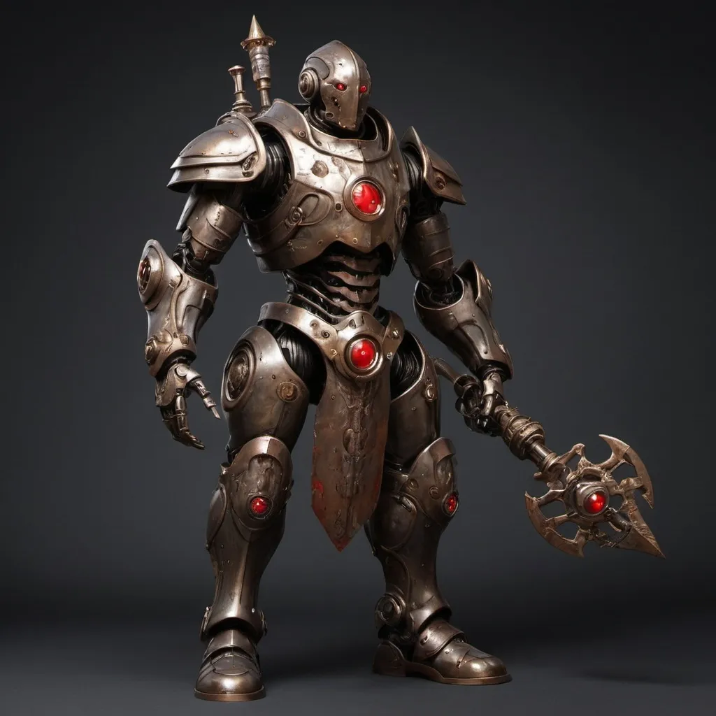 Prompt: a warforged or a robot with cords resembling tree roots reinforced with alchemical fluids serve as muscles that are contained within a bronze frame, the bronze frame resembles the armor of a knight, warforged have beautiful face without a mouth with a hinged jaw and crystalline eyes built under the brow ridges and there is a red spot or mark on the robot's forehead, full-length, neutral dark background, Clint Cearley, altermodern, steampunk