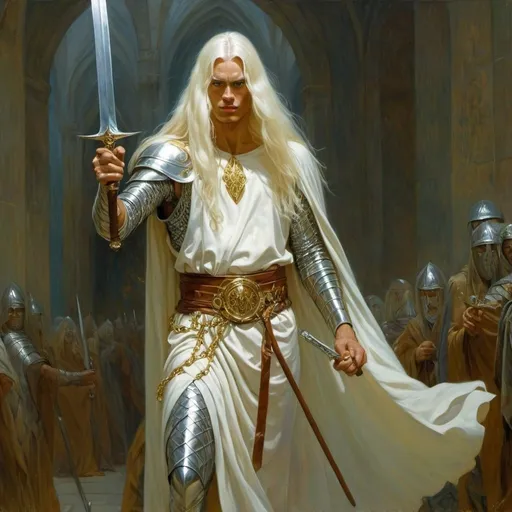 Prompt: a man a long white hair with a long hair dressed like an slavic warrior and dressed in chain mail shirt on holding a saber in his hand, Donato Giancola, fantasy art, epic fantasy character art, concept art