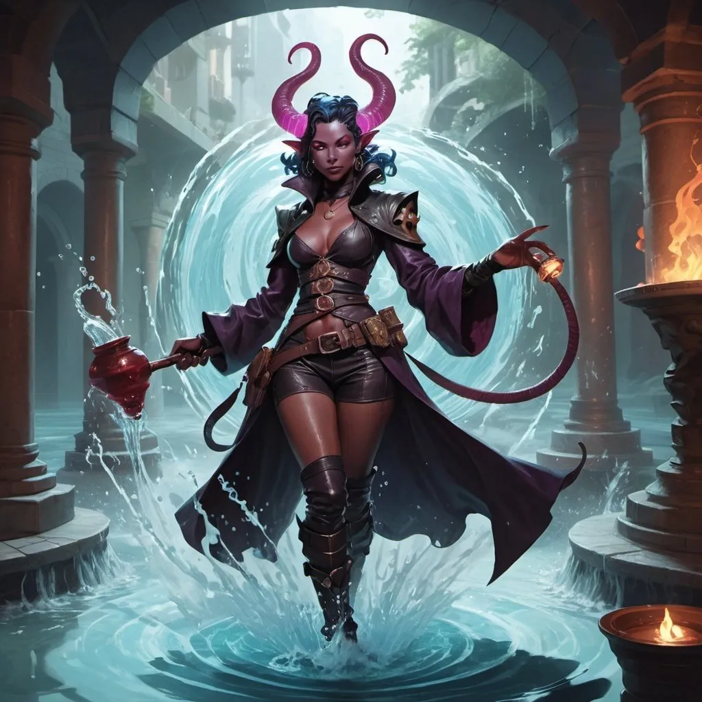 Prompt: a tiefling woman witch from Dungeons and Dragons in a mantle and boots causes a water vortex, Dr. Atl, vanitas, league of legends splash art, cyberpunk art