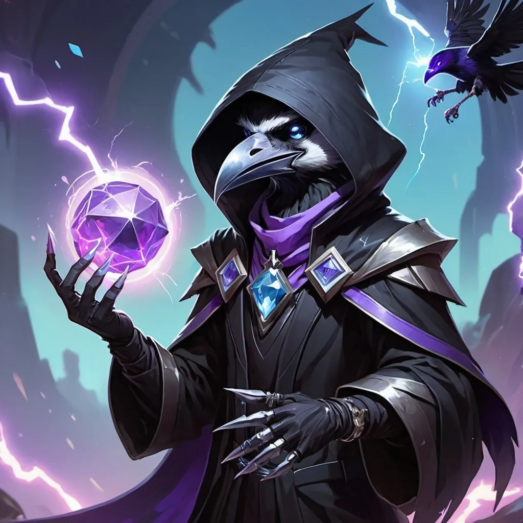 Prompt: a young friendly kenku crow in a black outfit with a silver brooch with a pale blue gem holding a purple object in his hand and a purple magical lightning in his other hand, Dr. Atl, vanitas, league of legends splash art, cyberpunk art