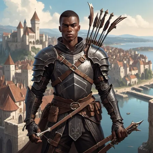 Prompt: a dark young man in a high quality leather armor holding a one-handed crossbows in front of medieval city with bay, Clint Cearley, fantasy art, epic fantasy character art, concept art