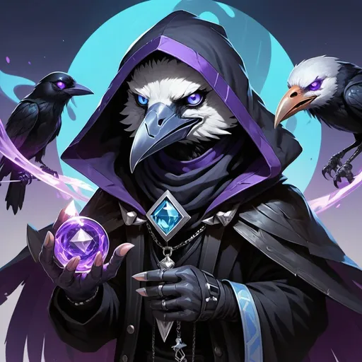 Prompt: a young friendly kenku crow upper part of the muzzle is white blue eyes in a black outfit with a silver brooch with a pale blue gem holding a purple object in his hand and a purple magical vortex in his other hand, midnight, Dr. Atl, vanitas, league of legends splash art, cyberpunk art