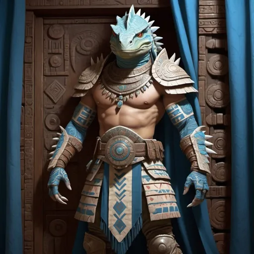 Prompt: a pale lizardman warrior in modernized Aztec armor, standing in front of a Aztec interior with with blue cotton curtains, Art of Brom, fantasy art, epic fantasy character art, concept art