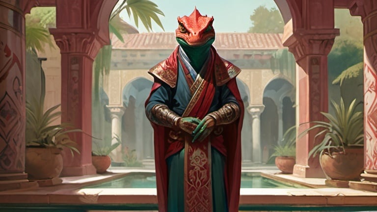 Prompt: A pale red lizardman aristocrat dressed in oriental clothes and a silk scarf on his shoulders standing in front of a Byzantine temple interior with curtains and pools and vegetation, Art of Brom, fantasy art, epic fantasy character art, concept art